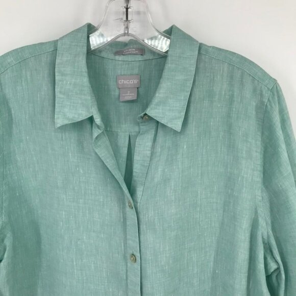 Chicos 2 Womens NoIron fresh chic Tunic Shirt Size large Linen Green 3 /4 Sleeve - Picture 7 of 13